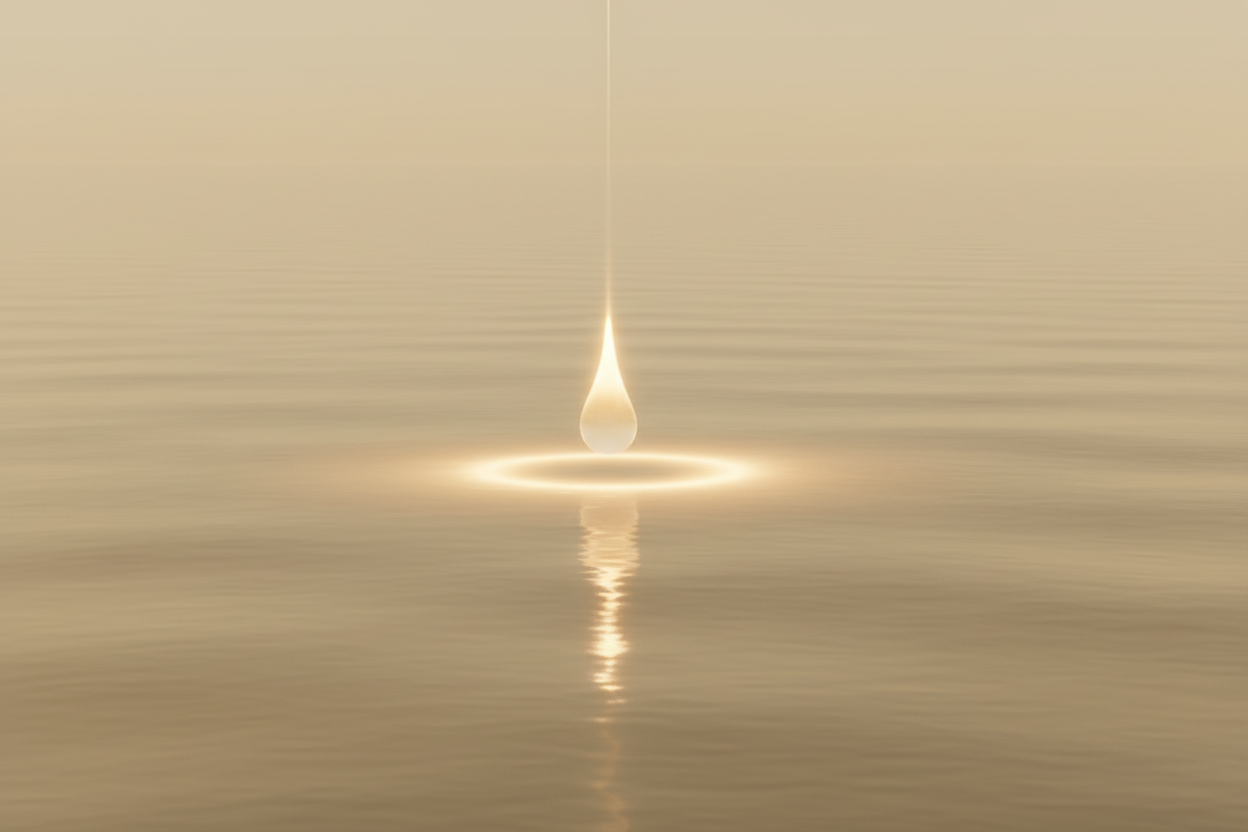 Zacht gouden licht boven stil water — symbool voor innerlijke rust en spiritueel bewustzijn